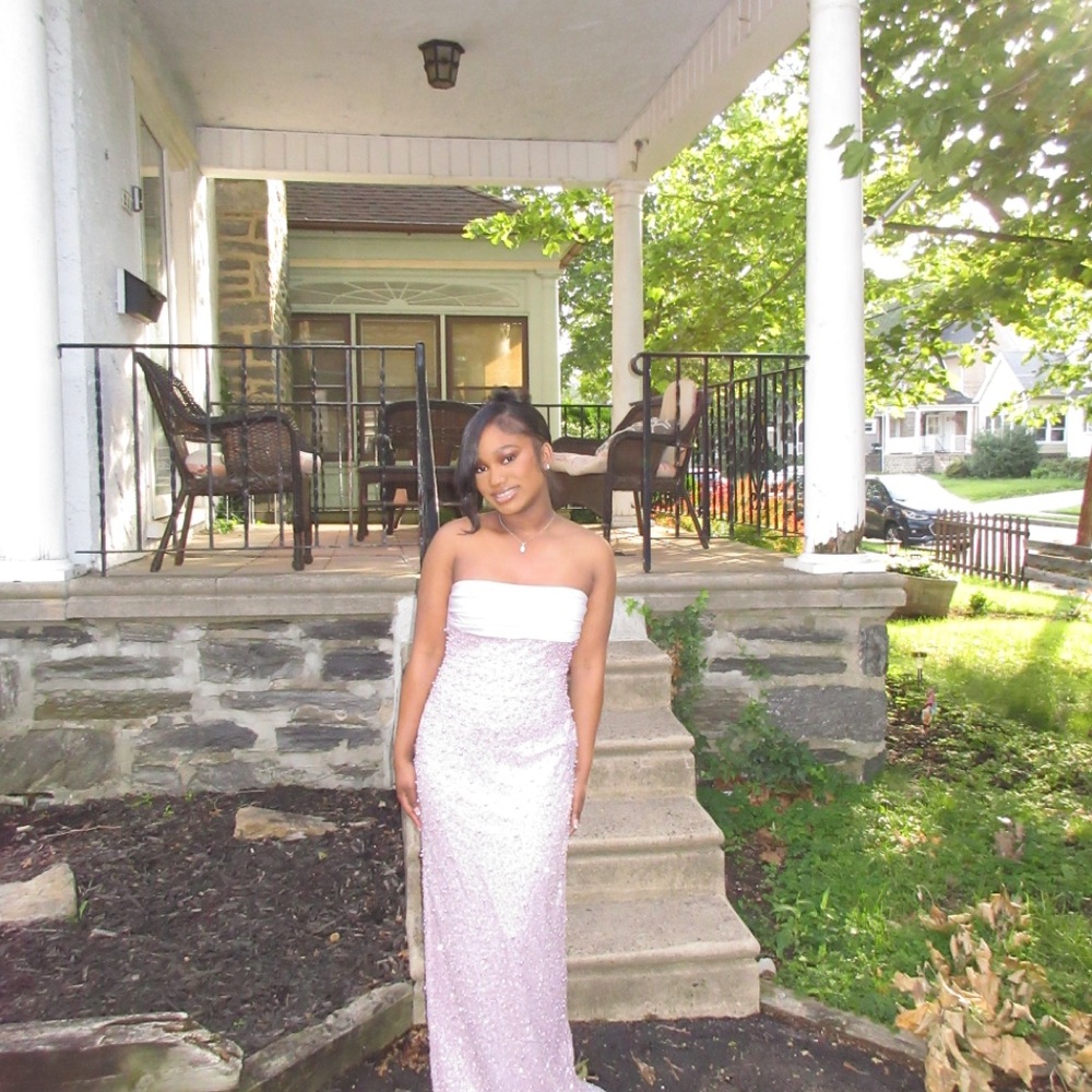 Women's Lainey Purple Satin Sequin Pearls Beaded Maxi Dress in a small
